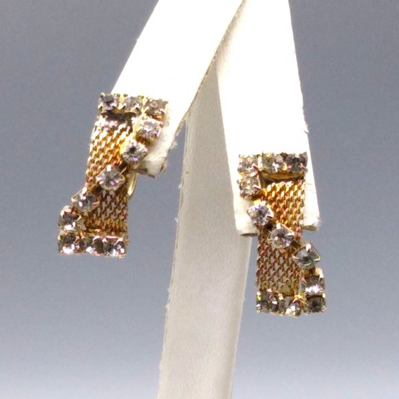 Vintage Mesh Earrings With Crystal Channel Overlay, Sparkly Retro Gold Tone - Picture 1 of 4